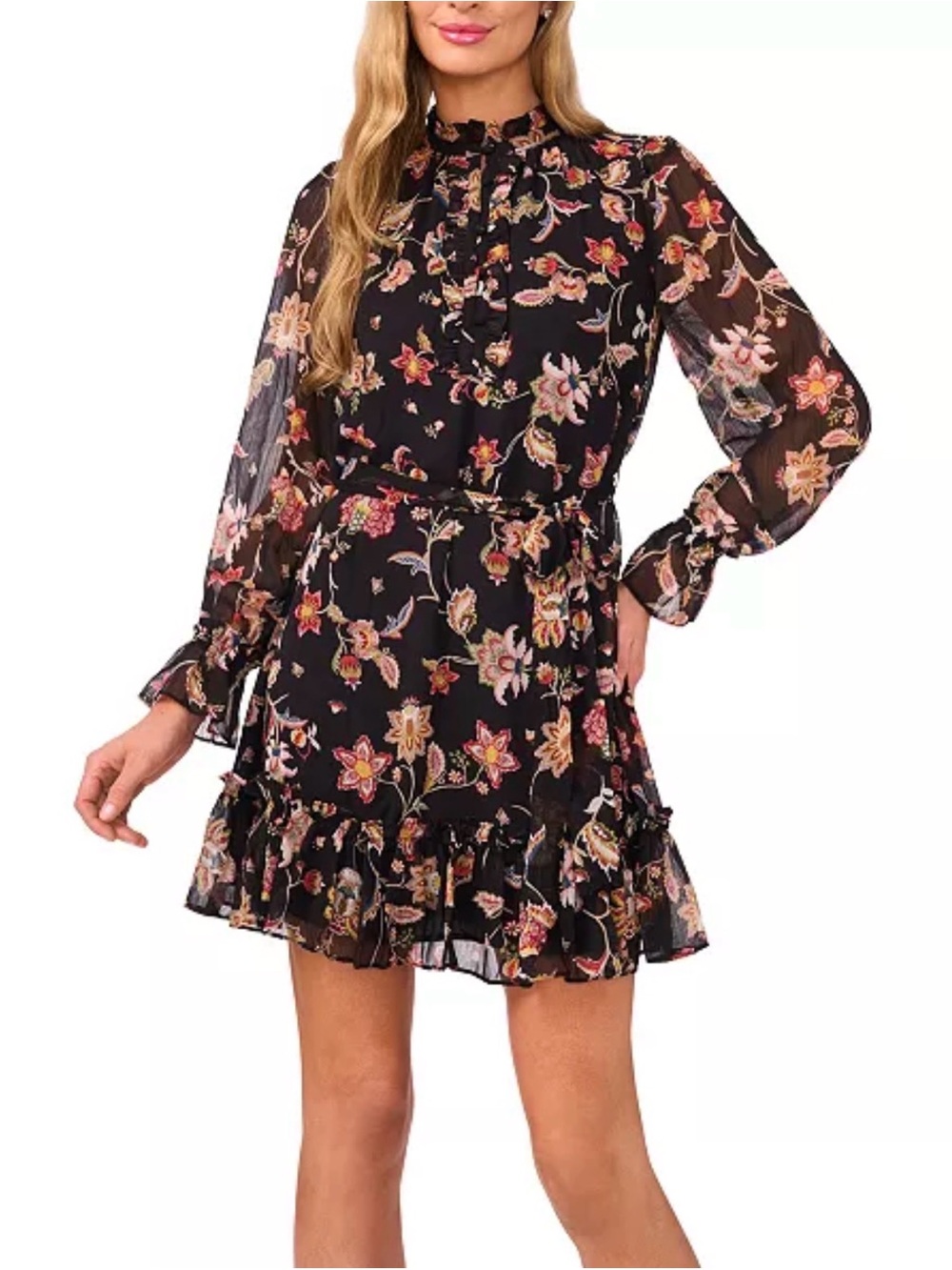 CeCe Black Floral Ruffle Tie-Waist Mini Dress size 6